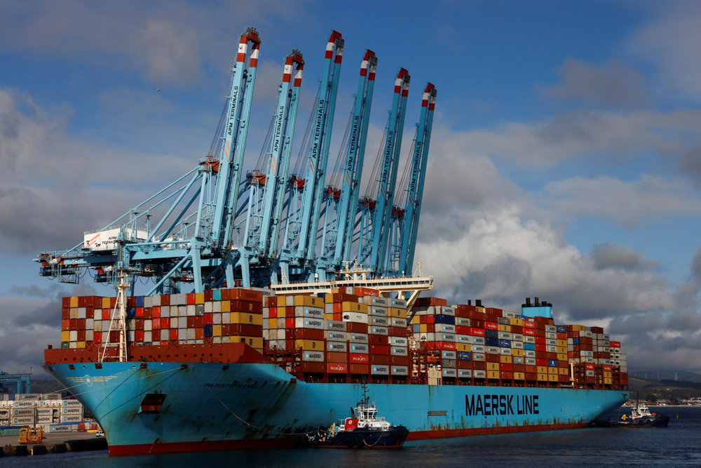 Containers are seen on the Maersk''s Triple-E giant container ship Majestic Maersk in the port of Algeciras