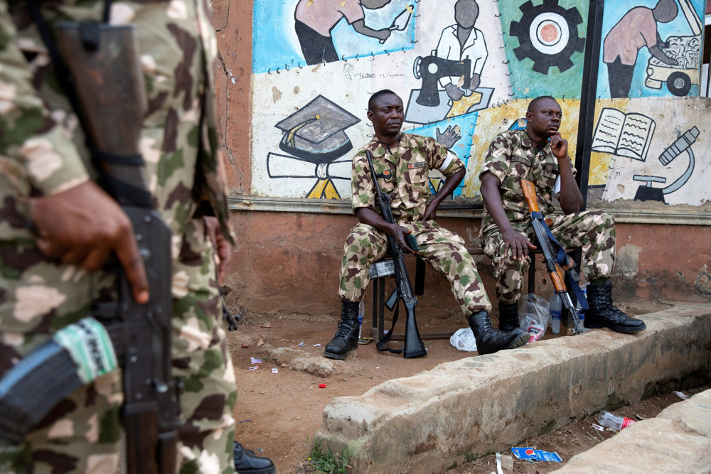 Soldiers guard vote counting centre in Lagos, Nigeria