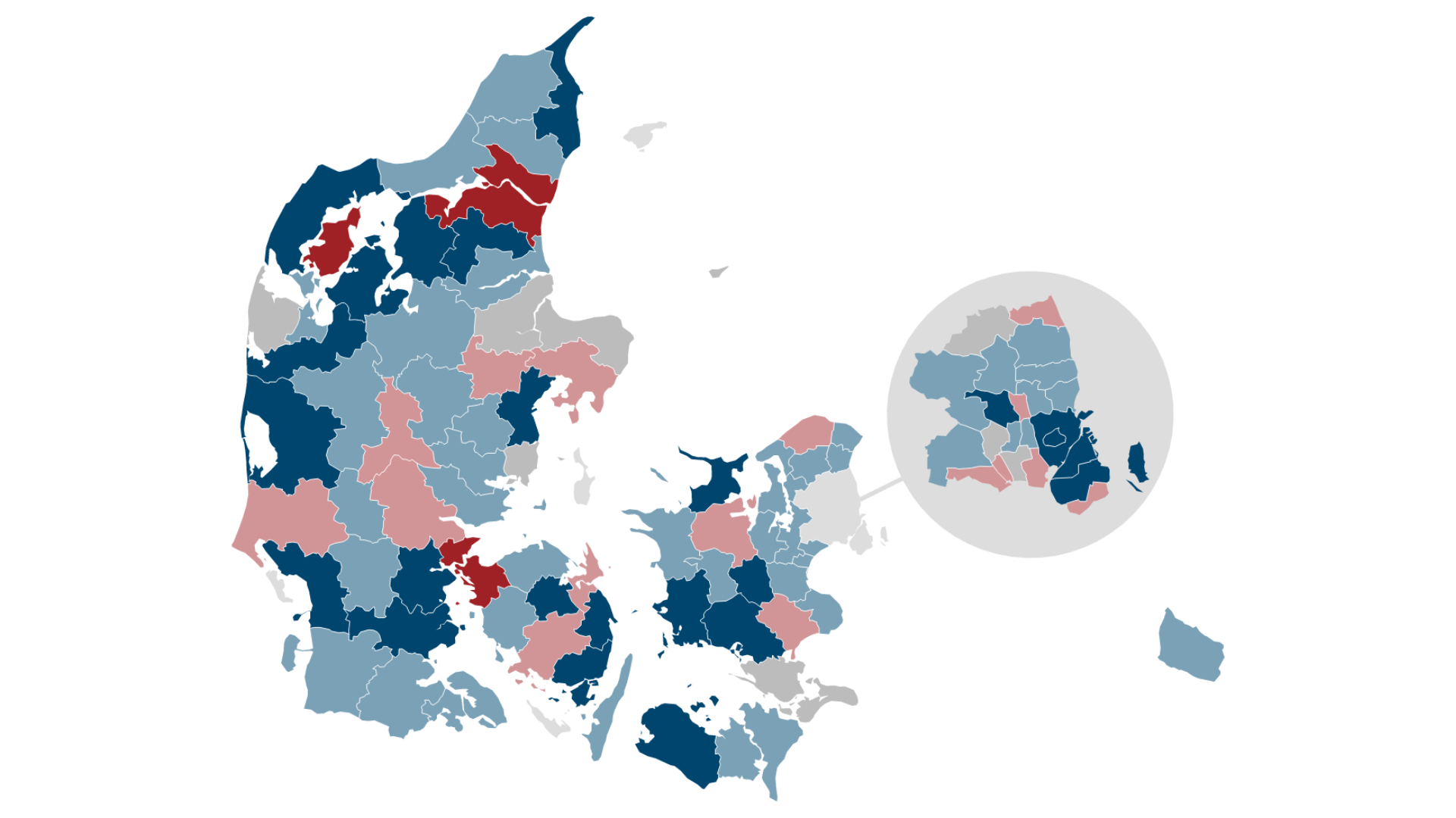 Kortet viser udviklingen i antallet af fattige børn i hver kommune. I de mørke- og lyseblå kommuner faldt antallet af fattige børn i 2021, mens antallet var uændret i de grå kommuner. I de lyserøde og mørkerøde kommuner steg antallet af fattige børn derimod. Det var tilfældet i hele 20 kommuner, altså knap hver fjerde.