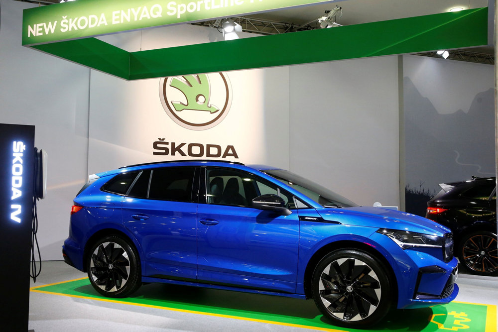 An electric-powered Skoda Enyaq SportLine iV 4x4 car is seen at the Auto Zurich Car Show in Zurich