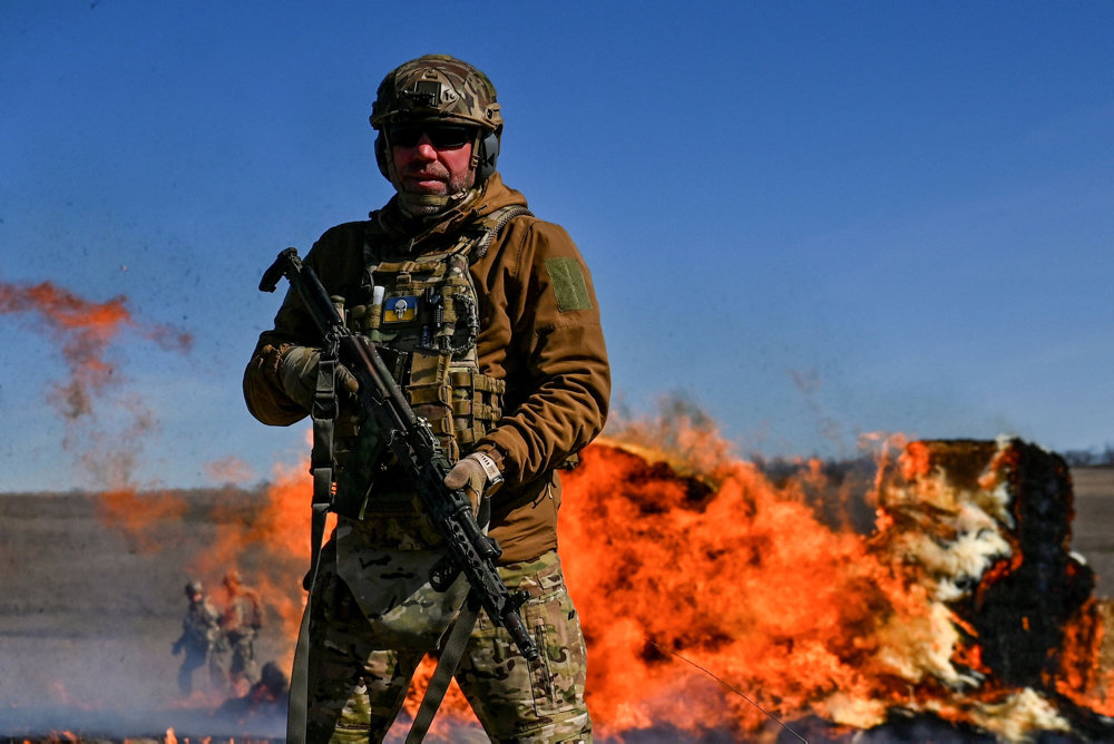 Ukrainian serviceman is seen during military exercises in Zaporizjzja region