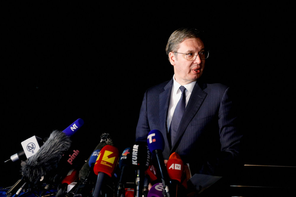 Serbian President Aleksandar Vucic speaks to media, in Ohrid