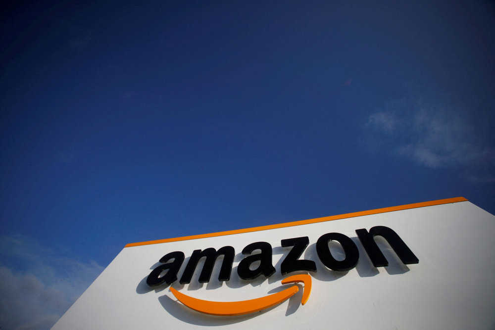 FILE PHOTO: The logo of Amazon is seen at the company logistiks centre in Boves