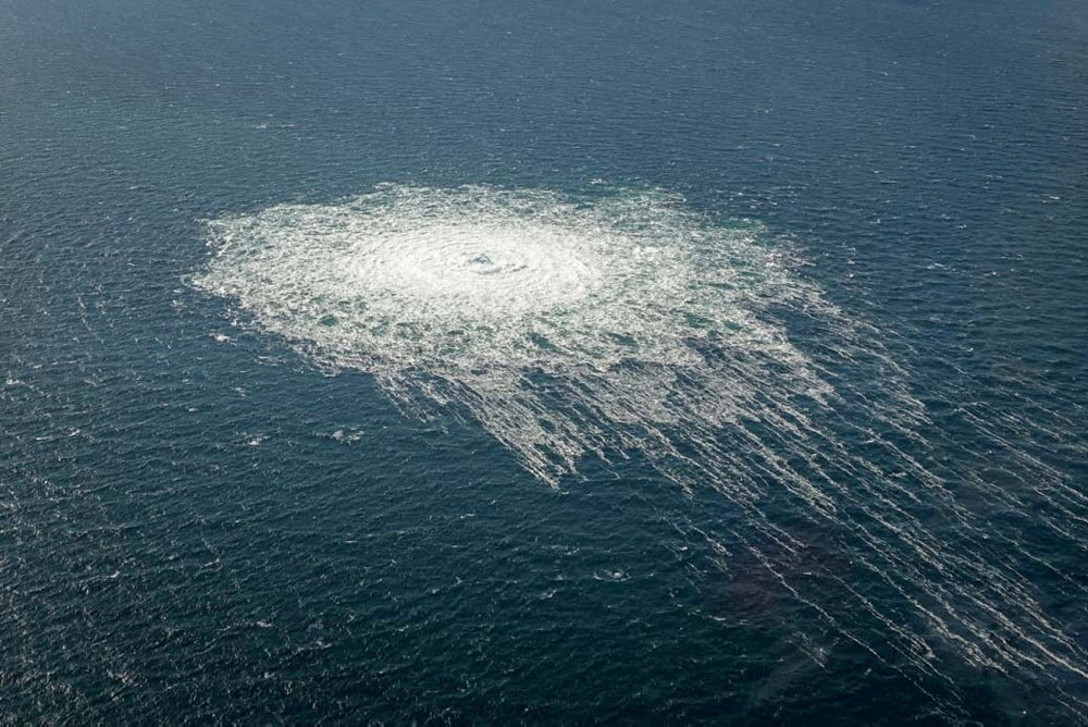 FILE PHOTO: Gas bubbles from the Nord Stream 2 leak reaching surface of the Baltic sea in the area shows disturbance of well over one kilometre diameter near Bornholm