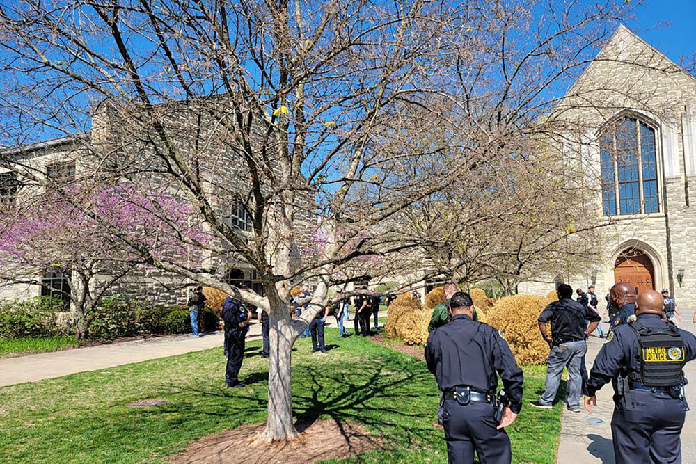 Police officers arrive at the Covenant School, Covenant Presbyterian Church, after reports of a shooting in Nashville