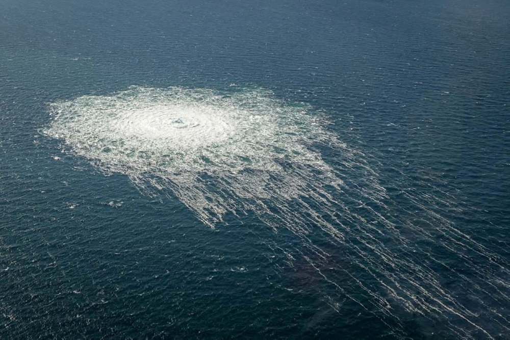 FILE PHOTO: Gas bubbles from the Nord Stream 2 leak reaching surface of the Baltic sea in the area shows disturbance of well over one kilometre diameter near Bornholm