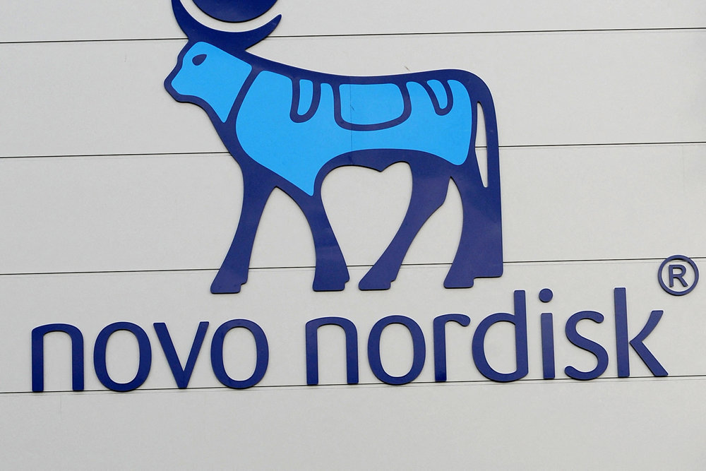 FILE PHOTO: The logo of Danish multinational pharmaceutical company Novo Nordisk is pictured on the facade of a produktion plant in Chartres