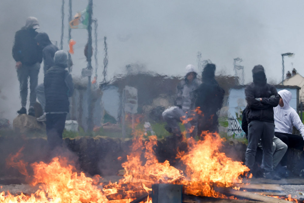 Nationalists hold an anti-agreement rally on the 25th anniversary of the peace deal, in Londonderry