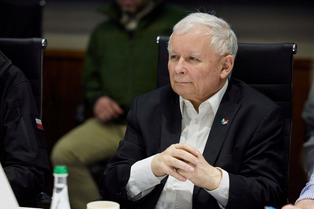 FILE PHOTO: Polish Deputy Prime Minister Kaczynski attends a joint meeting with Polish Prime Minister Morawiecki, Czech Prime Minister Fiala, Slovenia''s Prime Minister Jansa and Ukraine''s President Zelenskiy in Kyiv