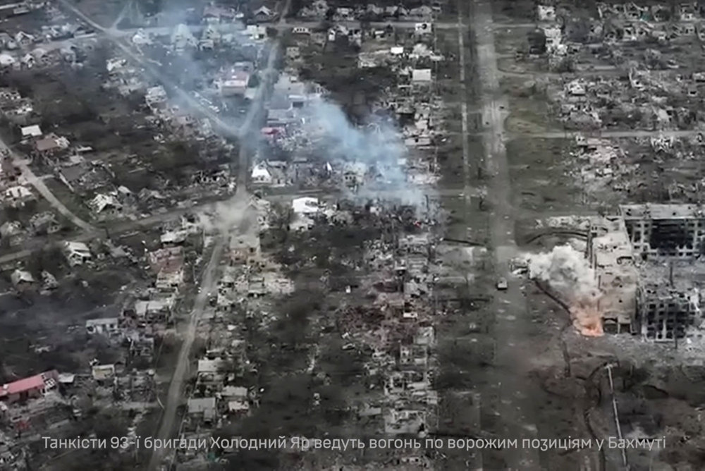 An aerial view shows smoke rising in the front line town of Bakhmut