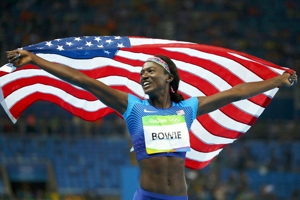 FILE PHOTO: Tori Bowie of the United States celebrates her silver medal at the 2016 Rio Olympics