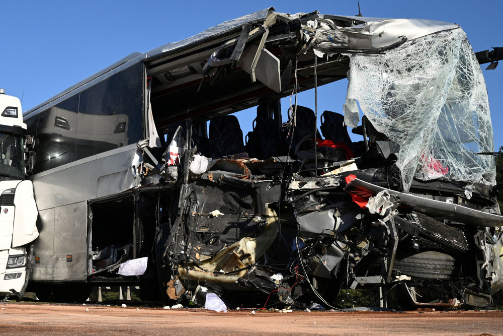 A view shows a damaged vehicle after crash on Autobahn 12, near Storkow