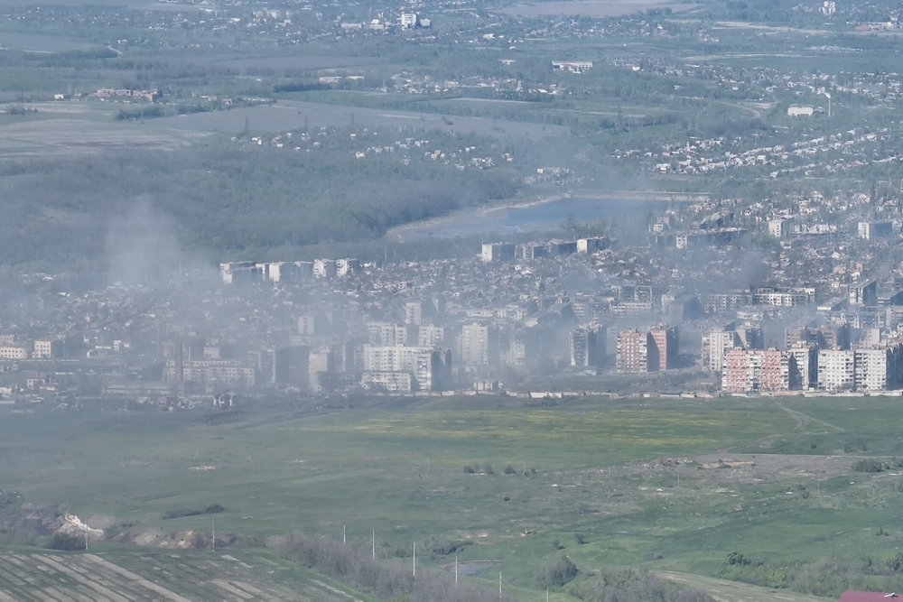 Smoke erupts following a shell explosion in Bakhmut