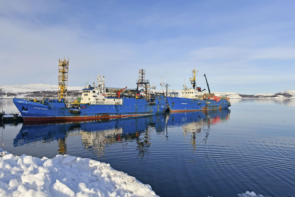 Blue hulls from two Russian trawlers, Norway