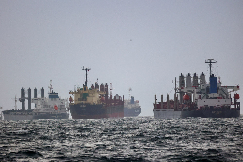 FILE PHOTO: Vessels are seen as they wait for inspection under UN''s Black Sea Grain Initiative in the southern anchorage of the Bosphorus in Istanbul