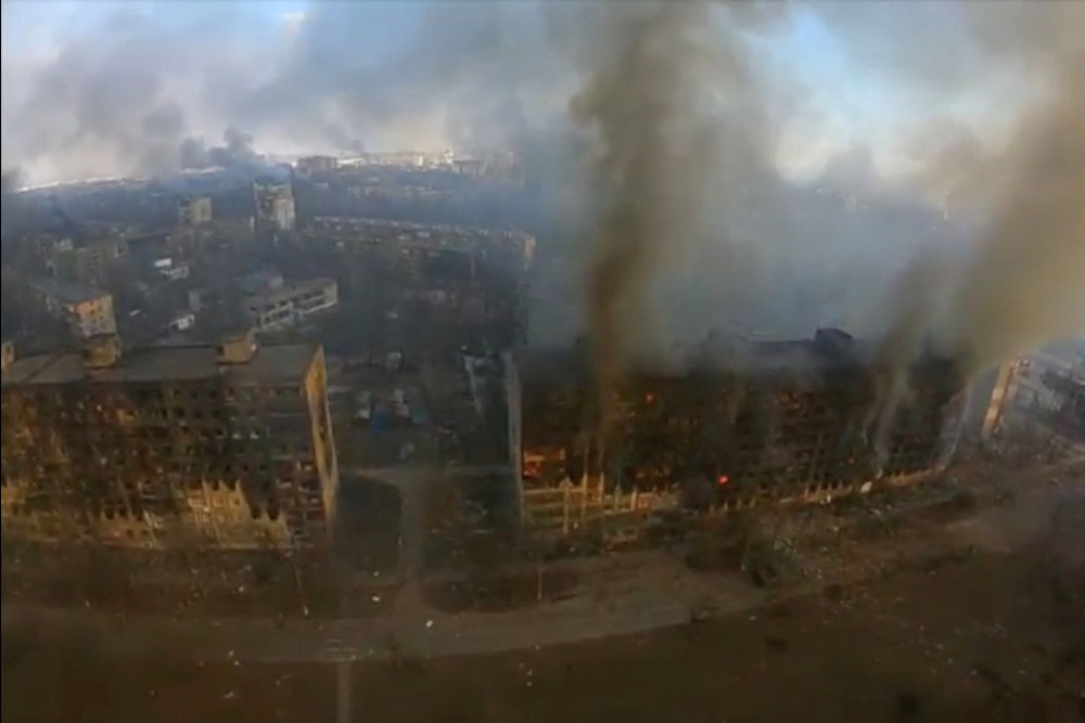 Still image from drone footage shows destruction across Mariupol