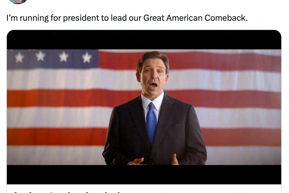 A tweet from Florida Governor Ron DeSantis announcing he is running for the 2024 Republican presidential nomination is seen is this screen grab