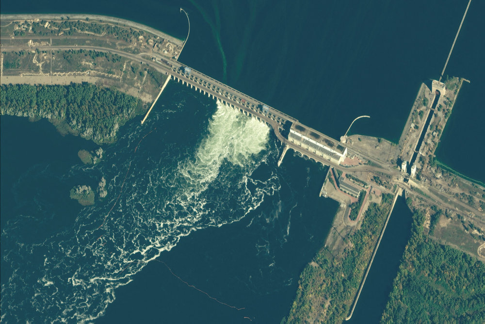 Satellite image shows the Kakhovka dam on the Dnipro River in Ukraine