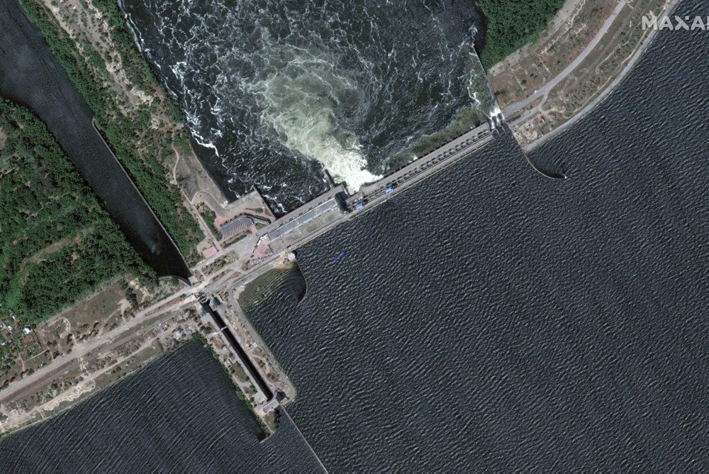 A satellite image shows the Nova Kakhovka Dam and hydroelectric plant before its collapse