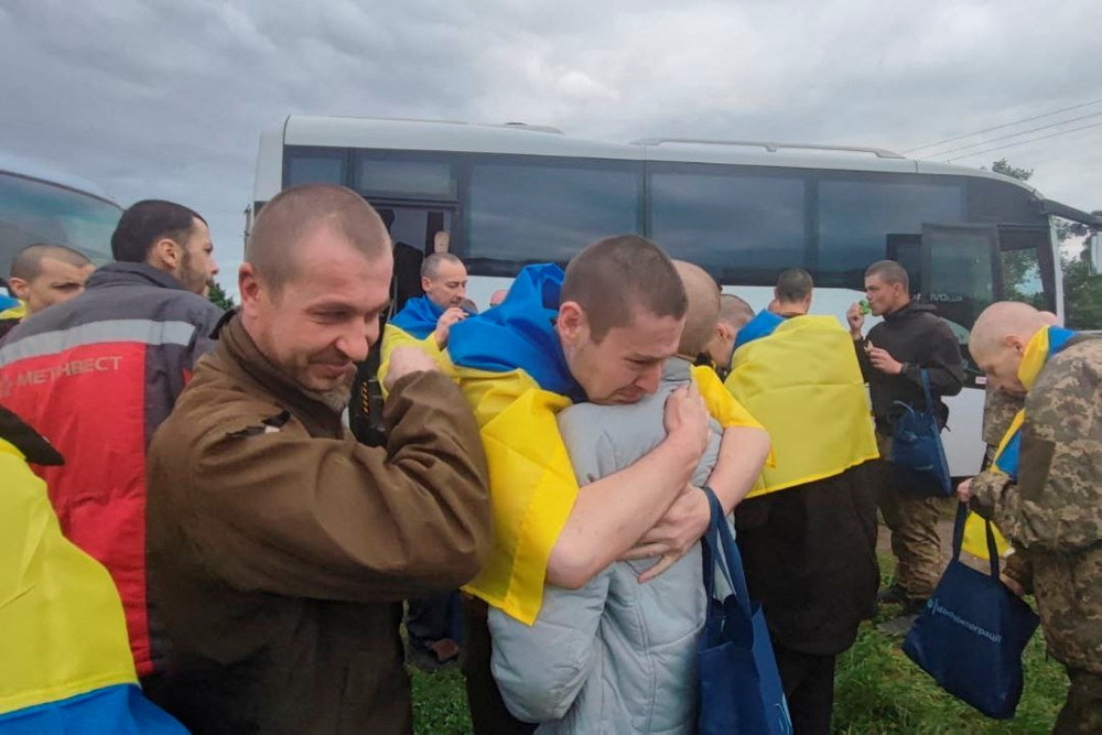 Ukrainian prioners of war (POW) are seen after a swap at an unknown location in Ukraine