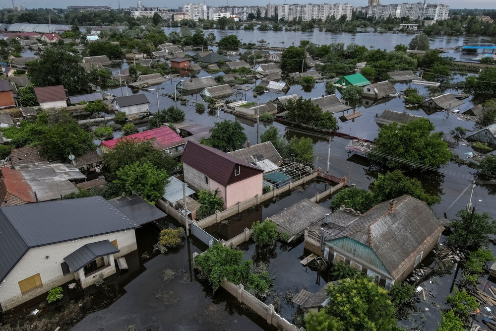 FILE PHOTO: An aerial view shows a flooded area after the Nova Kakhovka dam breached in Kherson