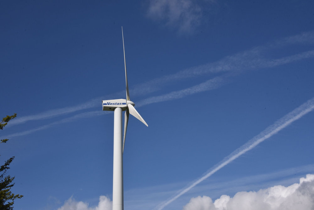 Wind turbine stands om meadow