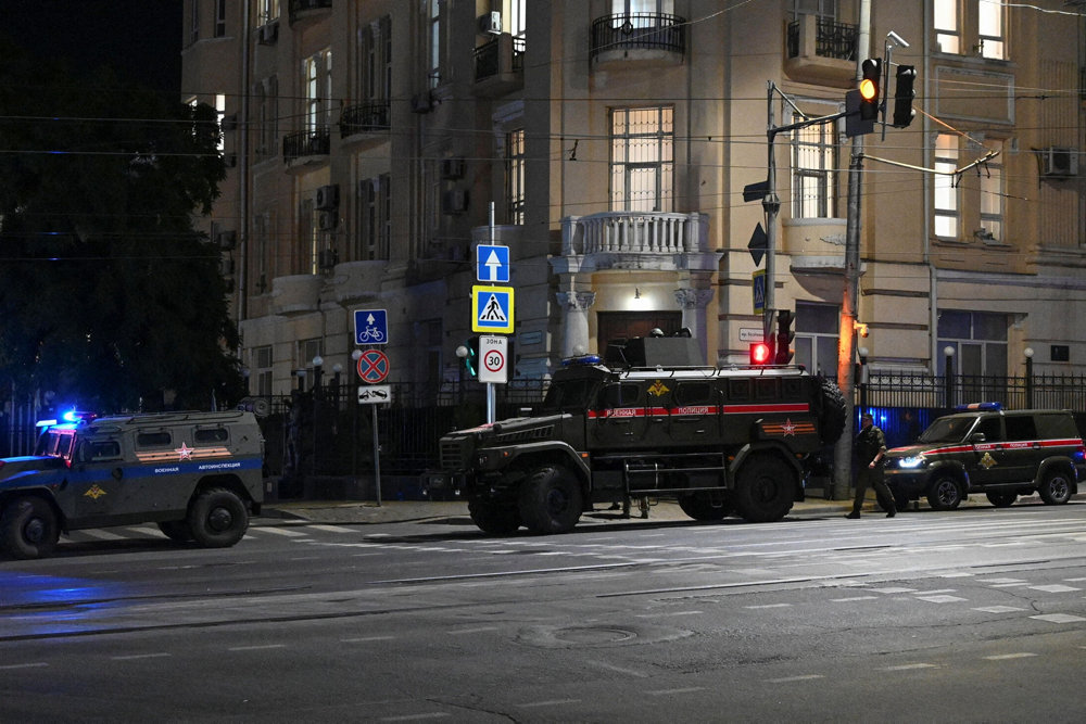 Armoured vehicles are seen on a street of the southern city of Rostov-on-Don