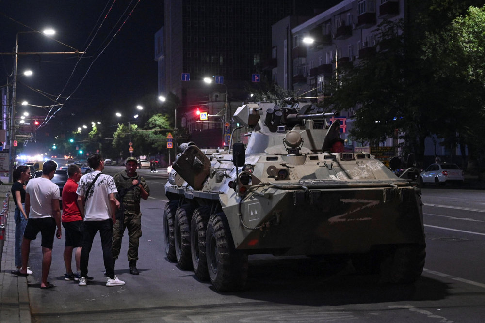 An armoured personnel carrier (APC) is seen on a street of the southern city of Rostov-on-Don