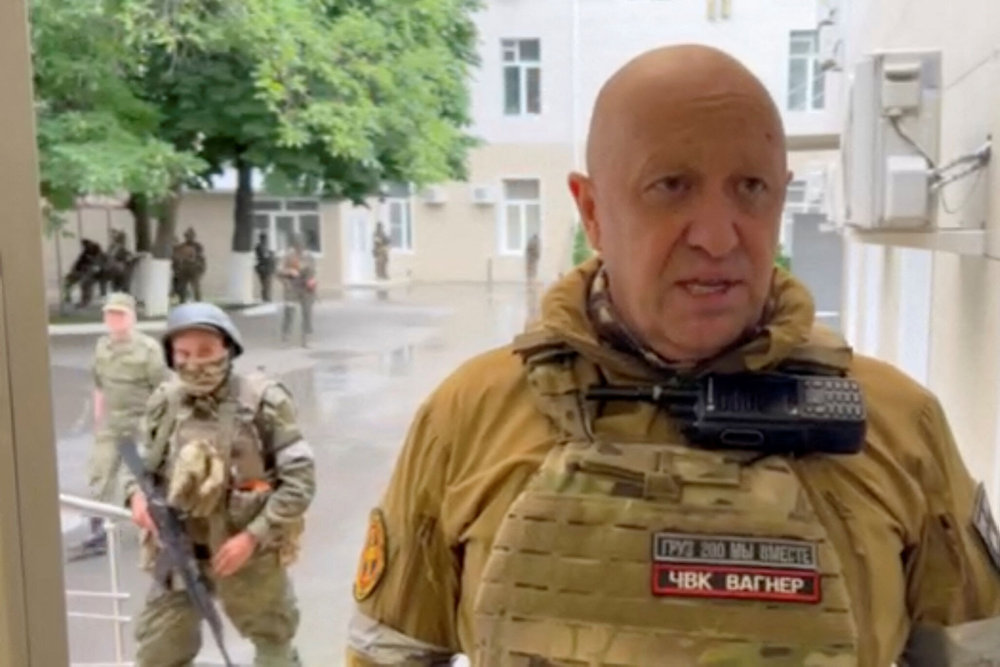 Founder of Wagner private mercenary group Yevgeny Prigozhin speaks in the headquarters of the Russian southern army military command center in the city of Rostov-on-Don