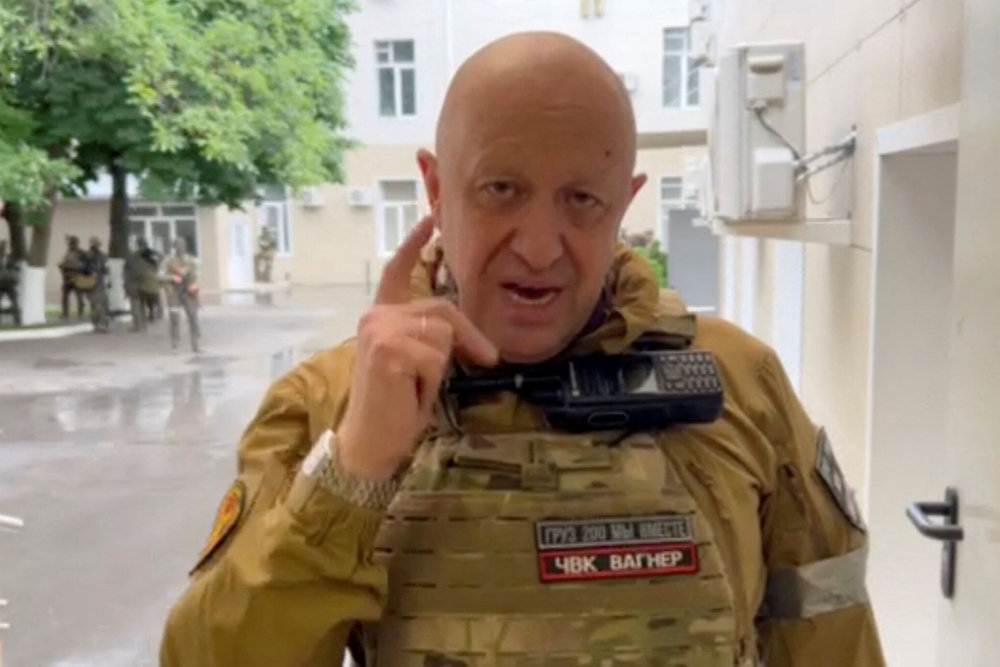 Founder of Wagner private mercenary group Yevgeny Prigozhin speaks in the headquarters of the Russian southern army military command center in the city of Rostov-on-Don