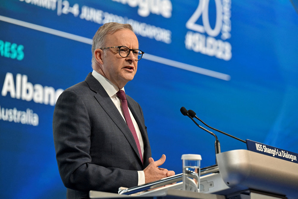 FILE PHOTO: Australia''s Prime Minister Anthony Albanese gives the keynote address for the 20th IISS Shangri-La Dialogue in Singapore