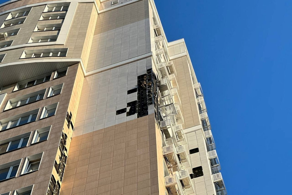 A view shows the damaged facade of an apartment building in Belgorod