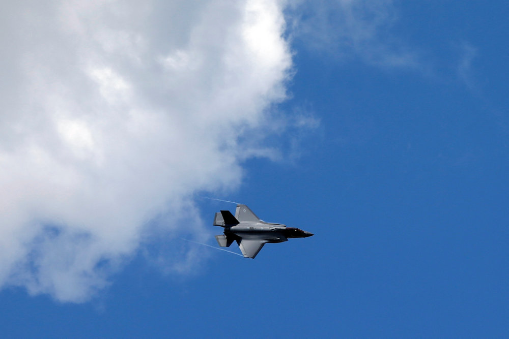 F35 fighter jet from the Vermont Air National Guard''s 134th fighter squadron fly by at Skopje Airport