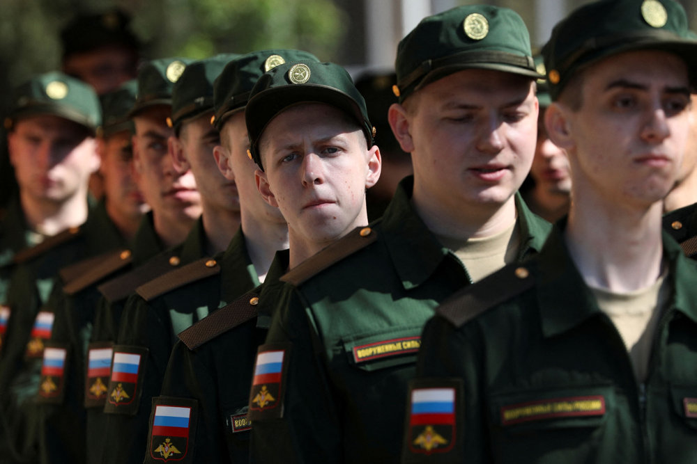 Russian conscripts depart for garrisons from a recruitment centre in Simferopol