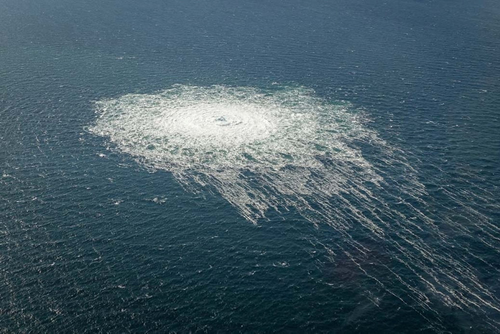 Gas bubbles from the Nord Stream 2 leak reaching surface of the Baltic sea in the area shows disturbance of well over one kilometer diameter near Bornholm