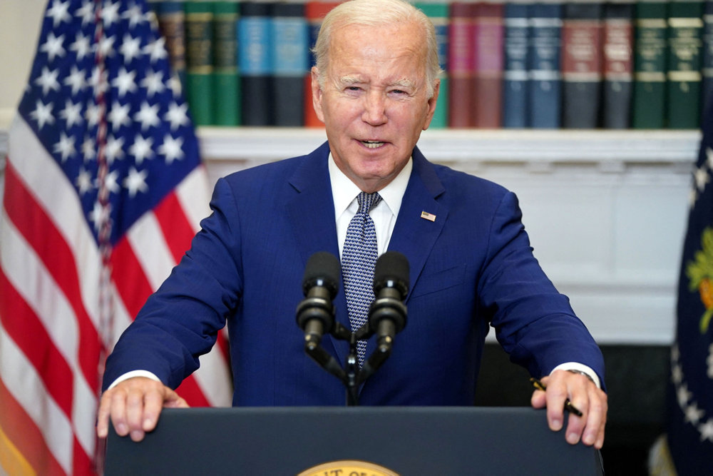 U.S. President Joe Biden makes a statement on the stopgap government funding bill at White House