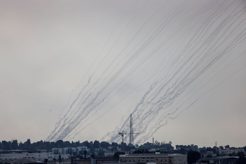 Rockets are launched from the Gaza Strip towards Israel, as seen from the Israeli side of the border with Gaza, in southern Israel