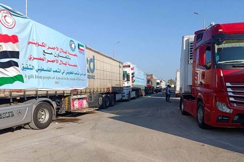 A view of trucks carrying humanitarian aid for Palestinians