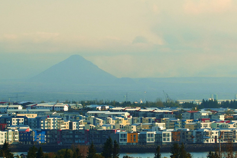 View from Reykjavik, with smoke on the horizon, towards the area where a volcano eruption was taking place, in Iceland