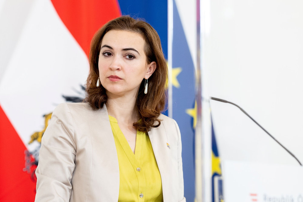 Austrian Justice Minister Alma Zadic attends a news conference in Vienna