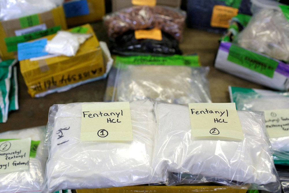 FILE PHOTO: Plastic bags of Fentanyl are displayed on a table at the U.S. Customs and Border Protection area at the International Mail Facility at OHare International Airport in Chicago