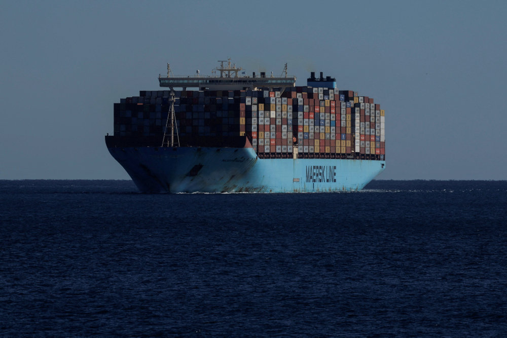 FILE PHOTO: Containers are seen on the Maersk''s Triple-E giant container ship Majestic Maersk as it sails in the Strait of Gibraltar towards the port of Algeciras
