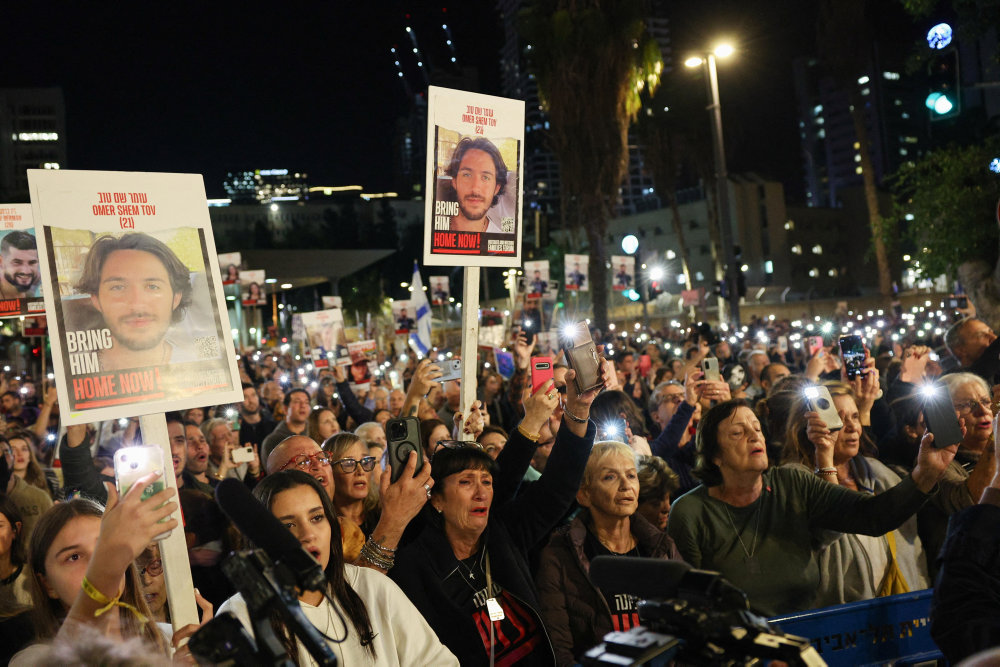 People rally for the release of hostages kidnapped on the deadly October 7 attack by Hamas, in Tel Aviv