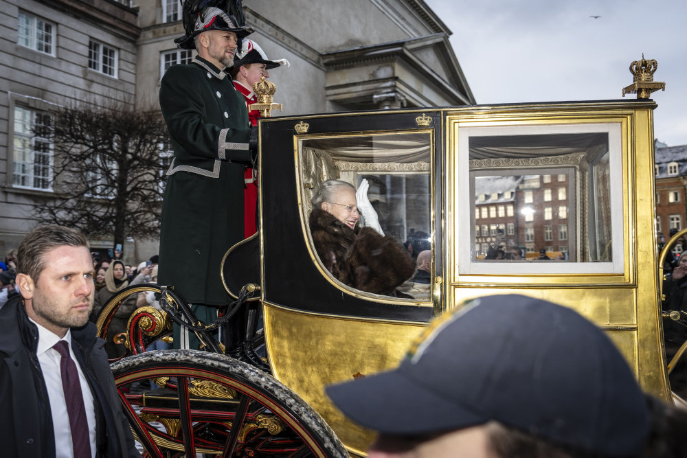 DENMARK. Denmarks Queen Margrethe escorted in golden carriage
